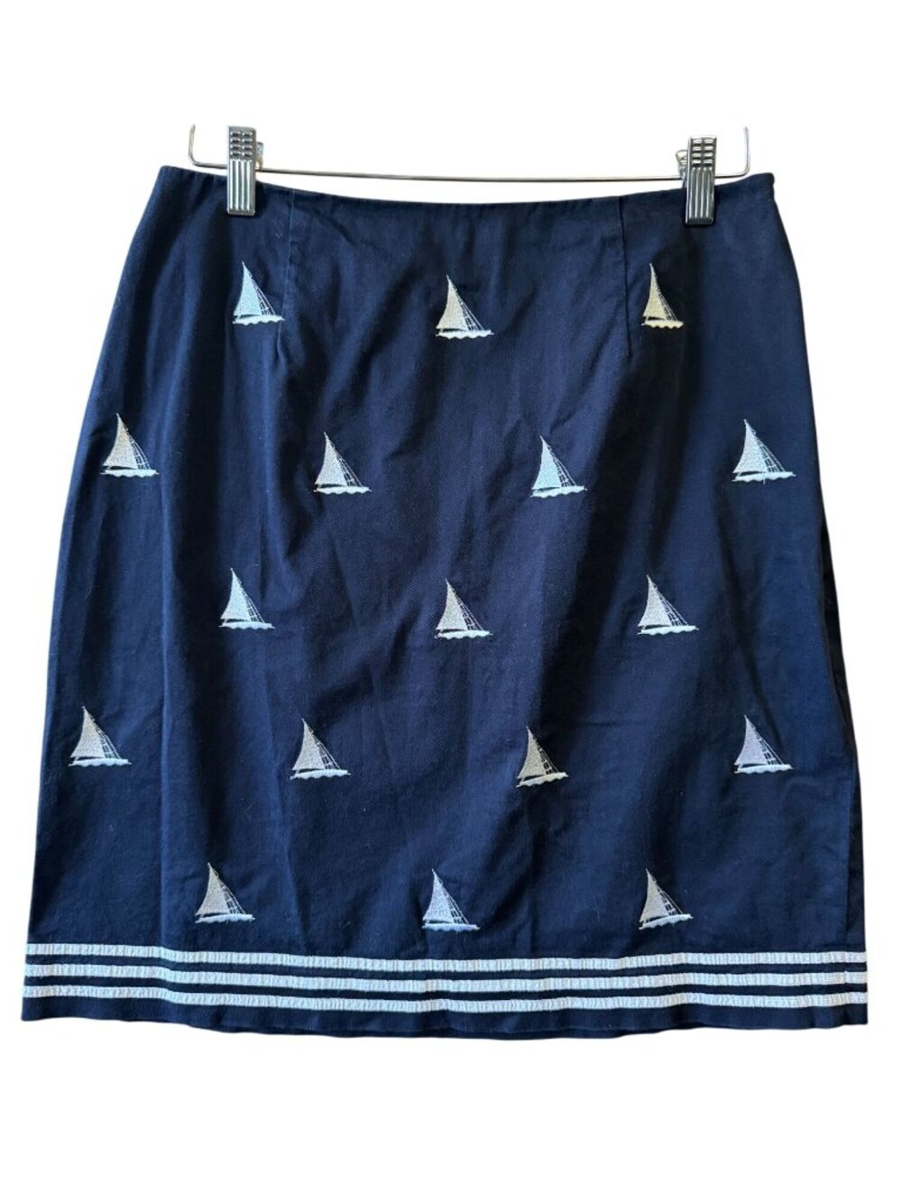 Talbots Stretch Cotton Embroidered Navy Skirt Size 10 Sailboat Nautical Theme